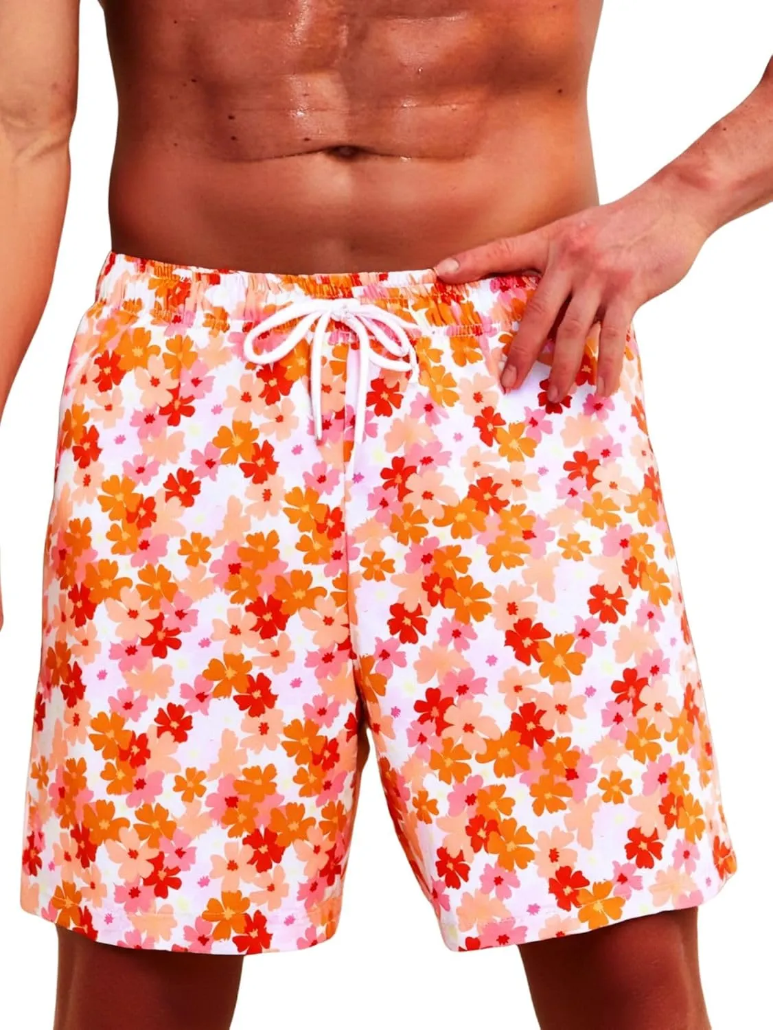 Verdusa Men's Floral Print Drawstring Elastic Waist Swim Trunks Summer Beach Shorts