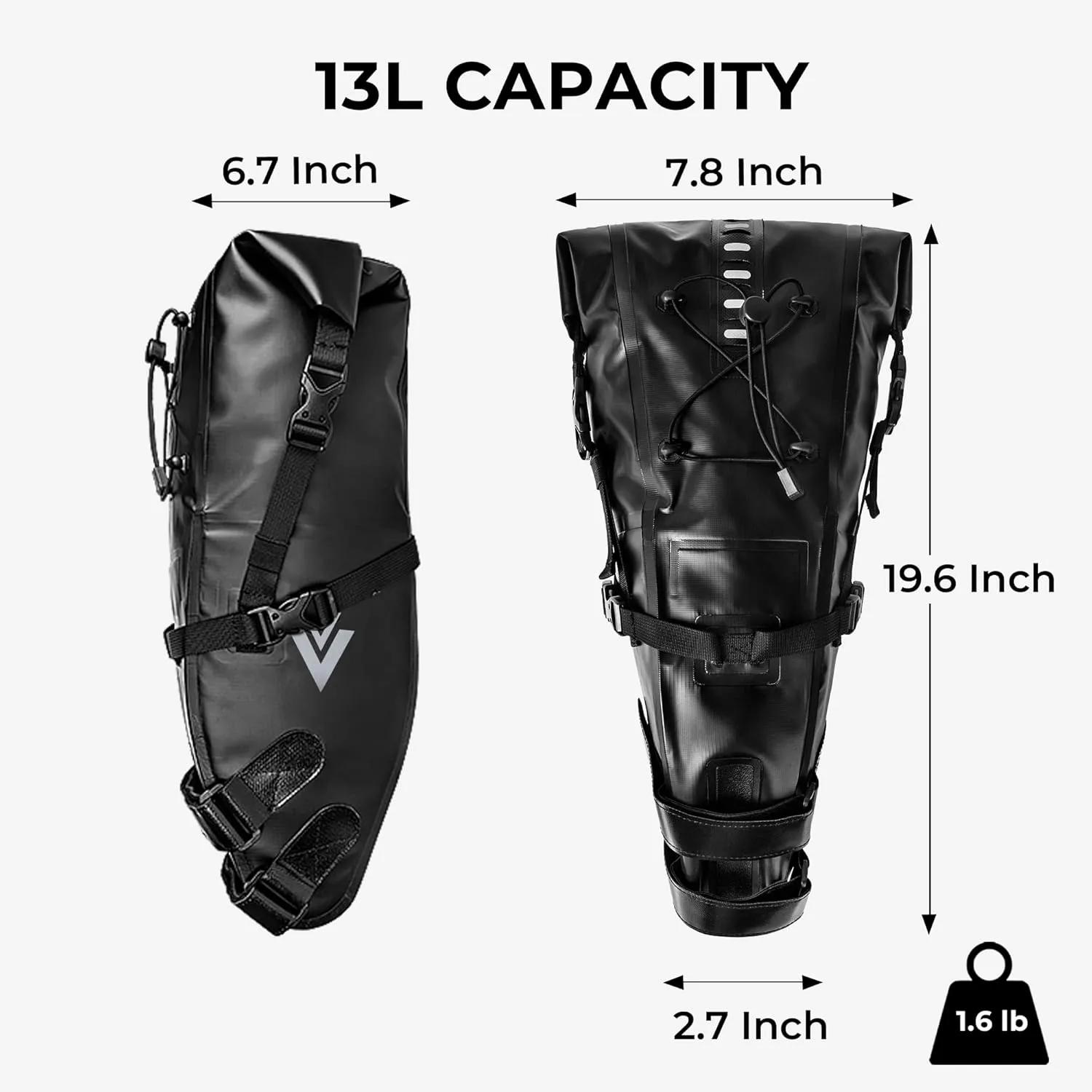 Waterproof Bicycle Saddle Bag - 13L Roll-Top Closure Cycling Bike Seat Bag Under Seat Storage Pack for Mountain Road Bike Travel (Black)