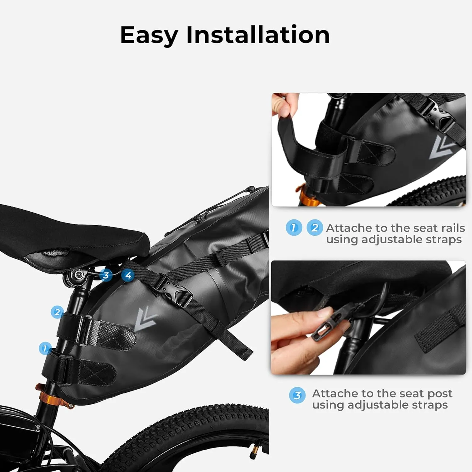 Waterproof Bicycle Saddle Bag - 13L Roll-Top Closure Cycling Bike Seat Bag Under Seat Storage Pack for Mountain Road Bike Travel (Black)