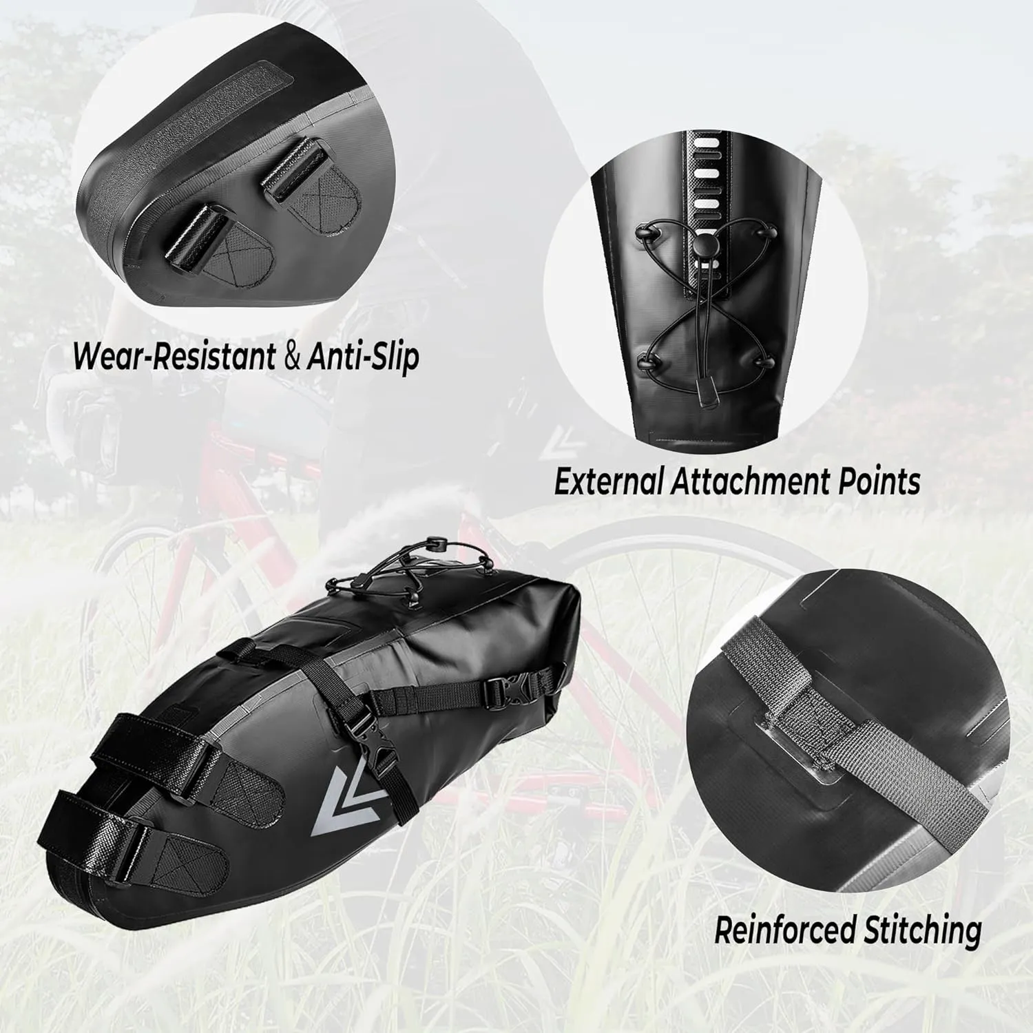 Waterproof Bicycle Saddle Bag - 13L Roll-Top Closure Cycling Bike Seat Bag Under Seat Storage Pack for Mountain Road Bike Travel (Black)