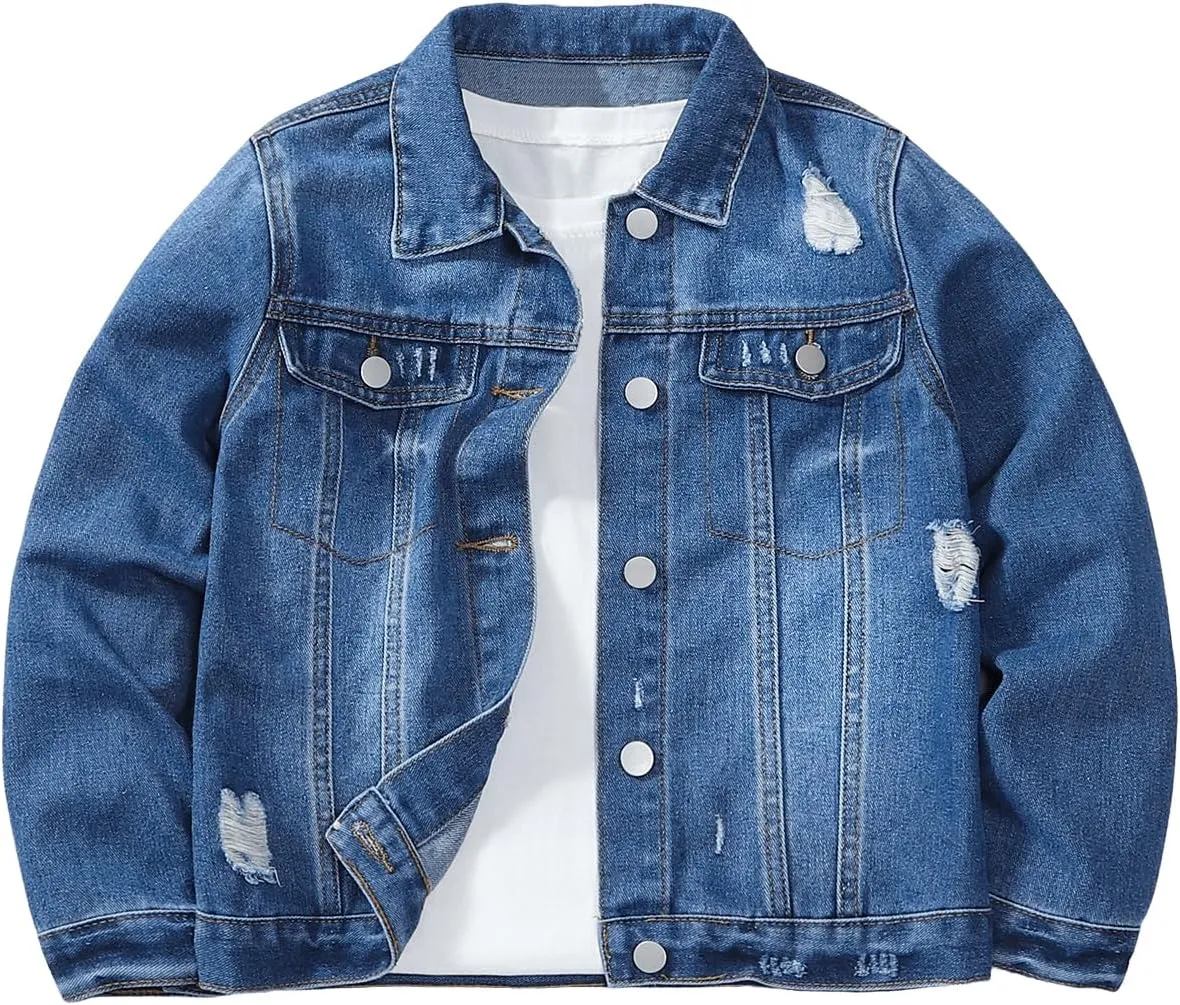 WDIRARA Girl's Ripped Flap Pocket Button Front Long Sleeve Collared Denim Jacket