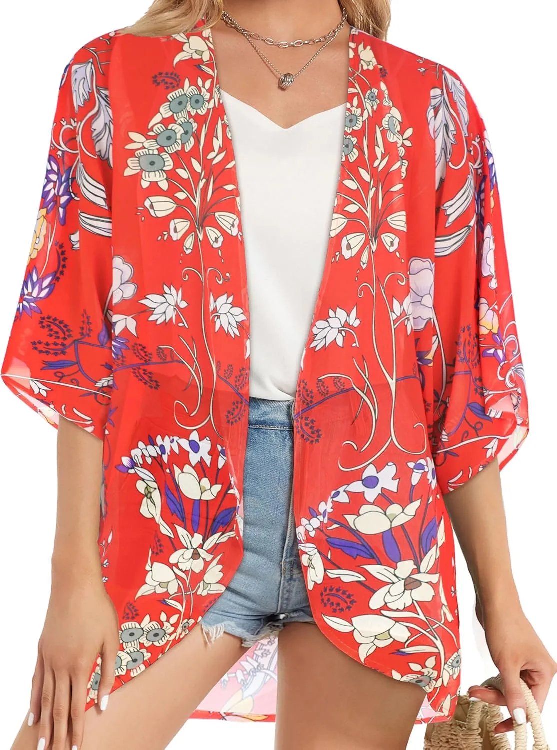 Women's Floral Print Puff Sleeve Kimono Cardigan Loose Cover Up Casual Blouse Tops